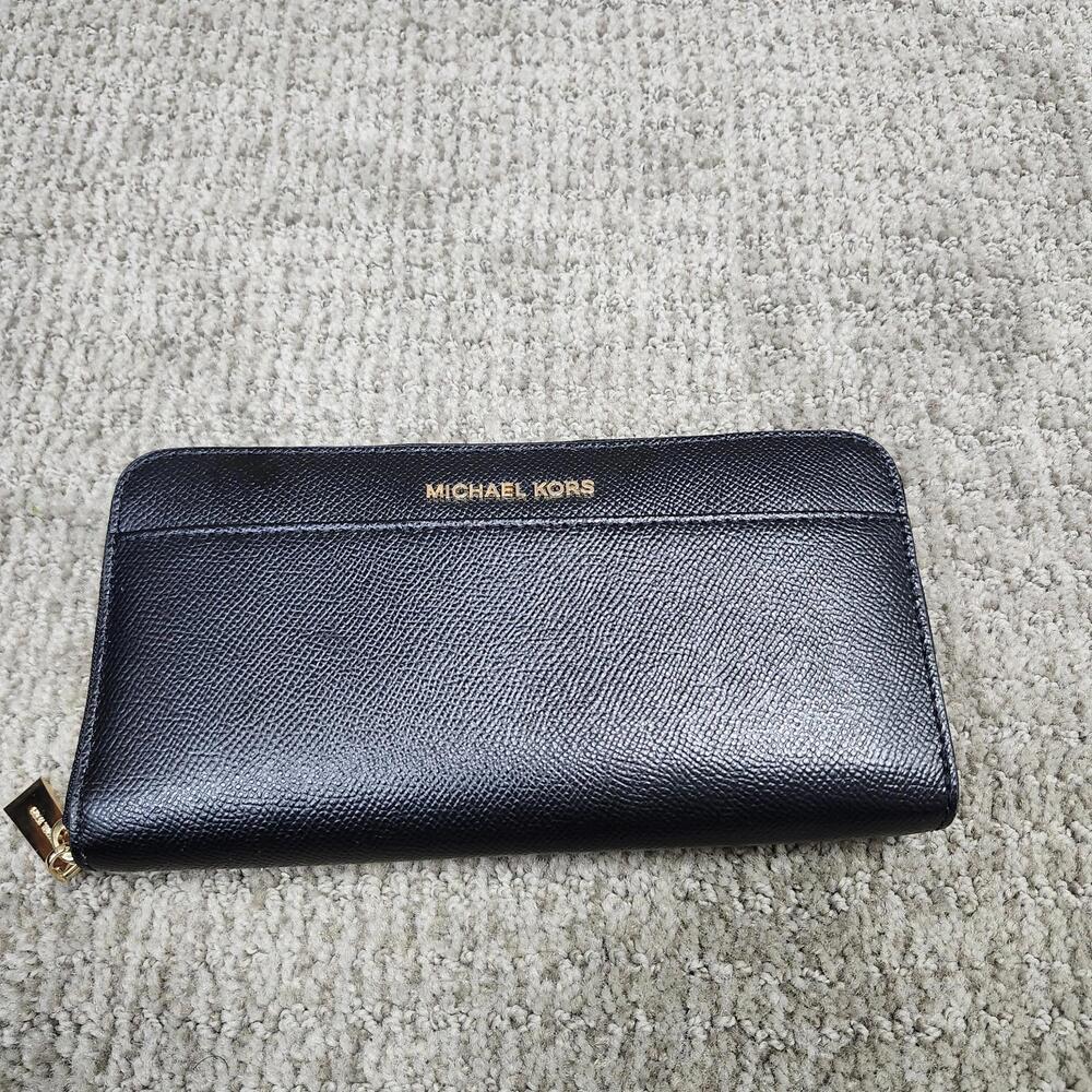 Michael Kors Black Leather Zip-Around Wallet with Gold Logo